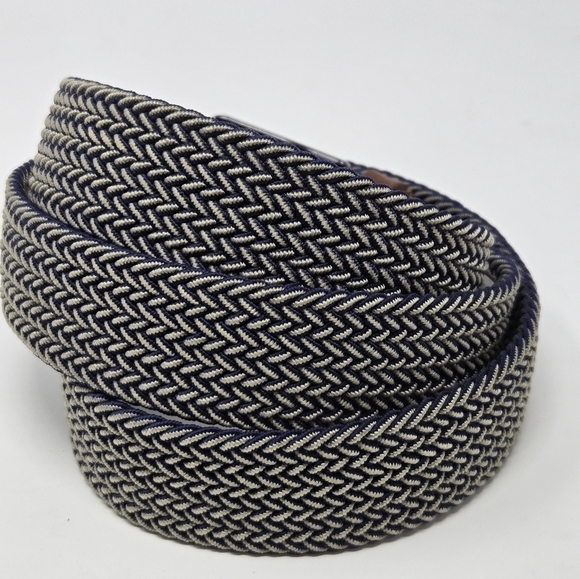 TOMMY BAHAMA BRAIDED WOVEN STRETCH BELT BLUE & KHAKI BROWN LEATHER END MEN L/XL - Picture 4 of 12